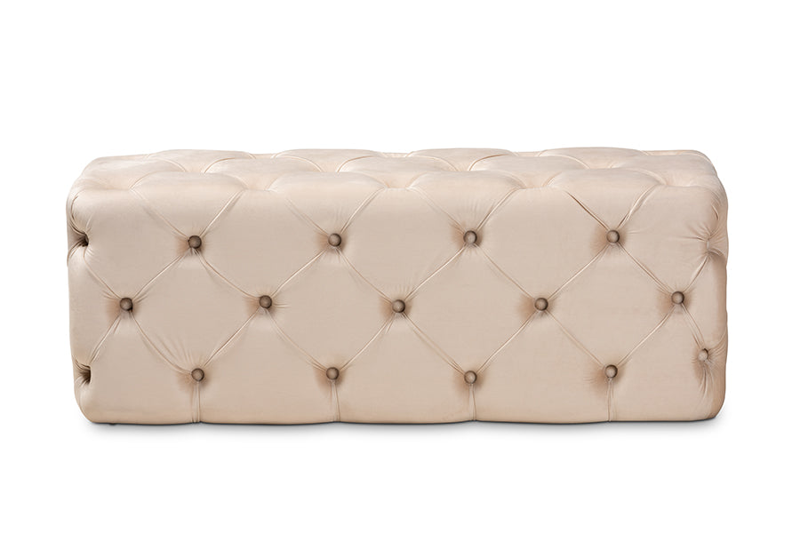 Baxton Studio Jasmine Modern Contemporary Glam and Luxe Beige Velvet Fabric Upholstered Button Tufted Bench Ottoman