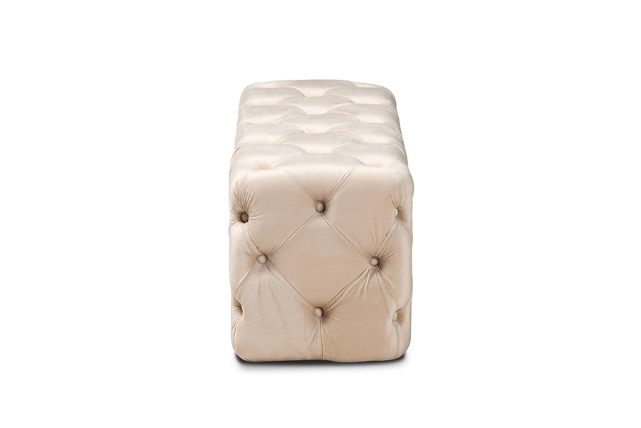 Baxton Studio Jasmine Modern Contemporary Glam and Luxe Beige Velvet Fabric Upholstered Button Tufted Bench Ottoman