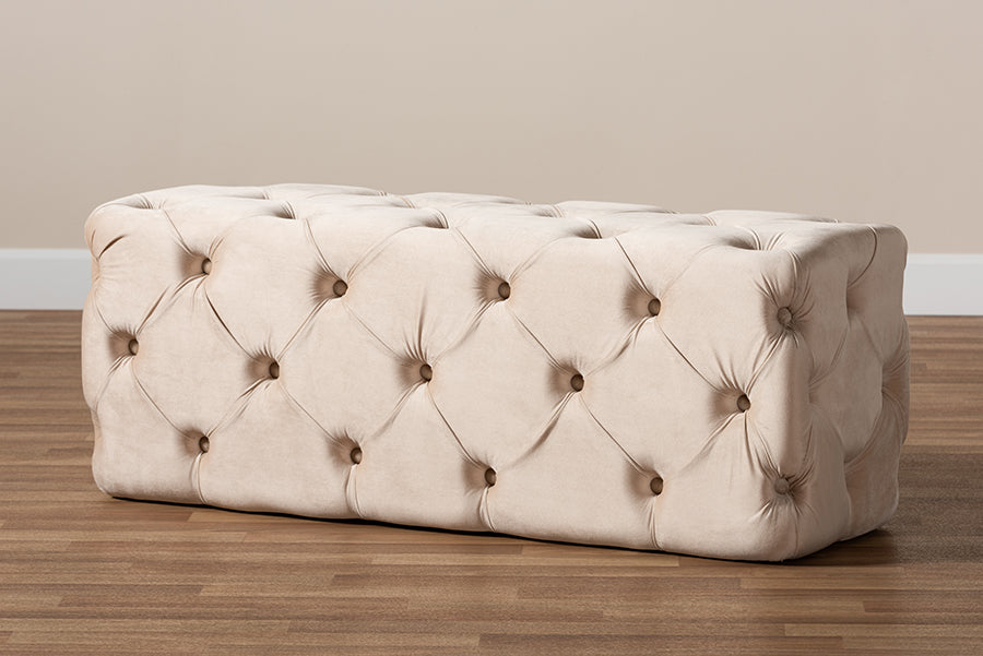 Baxton Studio Jasmine Modern Contemporary Glam and Luxe Beige Velvet Fabric Upholstered Button Tufted Bench Ottoman