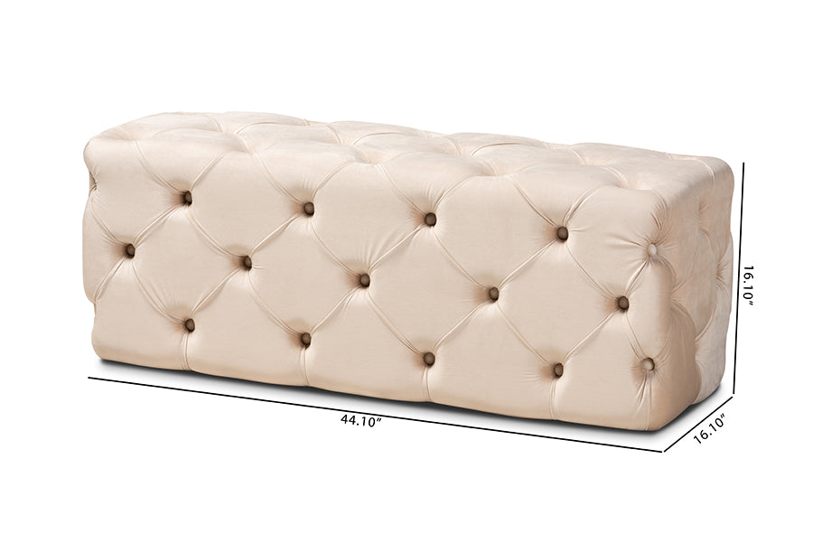 Baxton Studio Jasmine Modern Contemporary Glam and Luxe Beige Velvet Fabric Upholstered Button Tufted Bench Ottoman