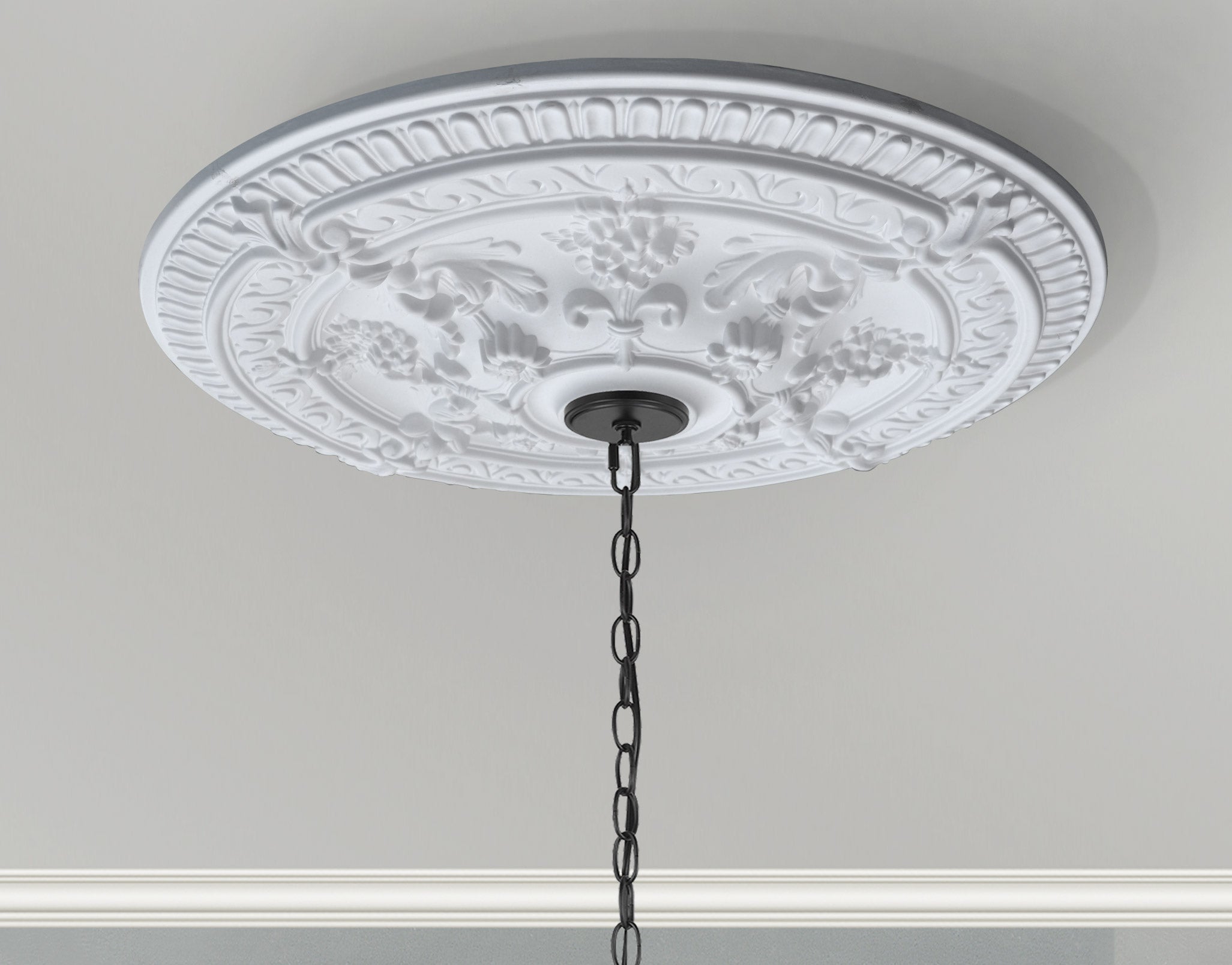 White Scroll Rose Chandelier Ceiling Medallion 28 Inch Dia