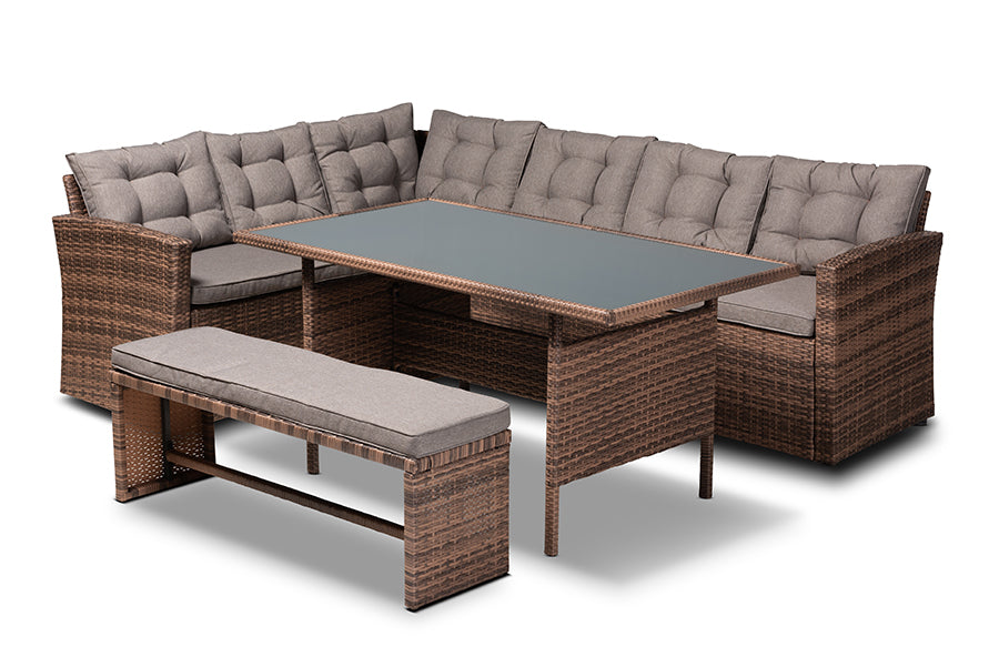 Baxton Studio Angela Modern and Contemporary Grey Fabric Upholstered and Brown Finished 4-Piece Woven Rattan Outdoor Patio Set