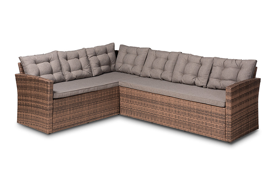 Baxton Studio Angela Modern and Contemporary Grey Fabric Upholstered and Brown Finished 4-Piece Woven Rattan Outdoor Patio Set