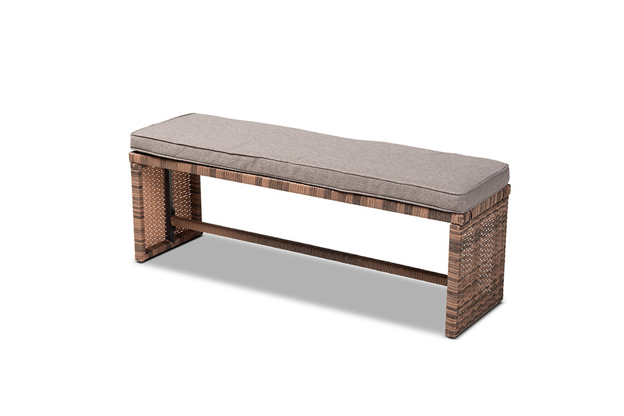Baxton Studio Angela Modern and Contemporary Grey Fabric Upholstered and Brown Finished 4-Piece Woven Rattan Outdoor Patio Set