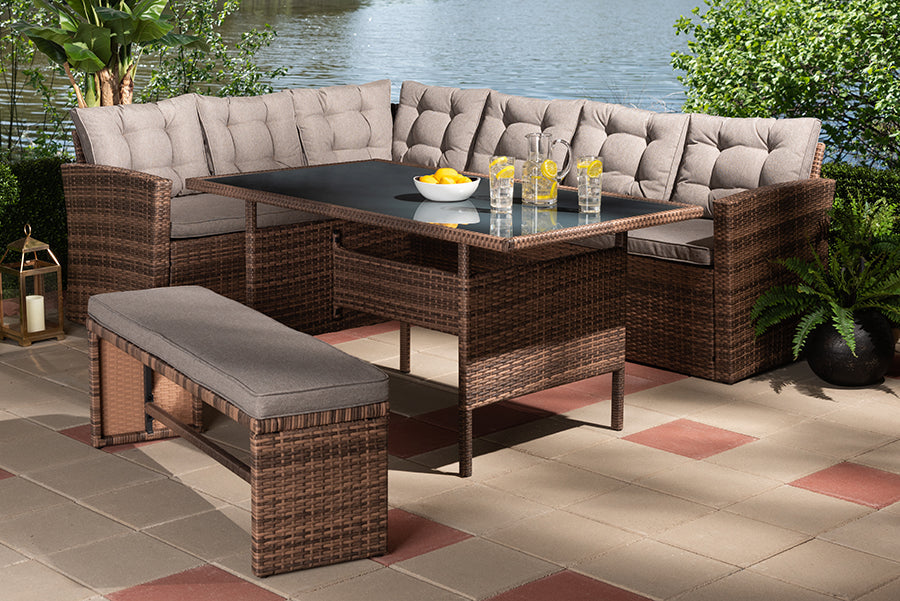 Baxton Studio Angela Modern and Contemporary Grey Fabric Upholstered and Brown Finished 4-Piece Woven Rattan Outdoor Patio Set