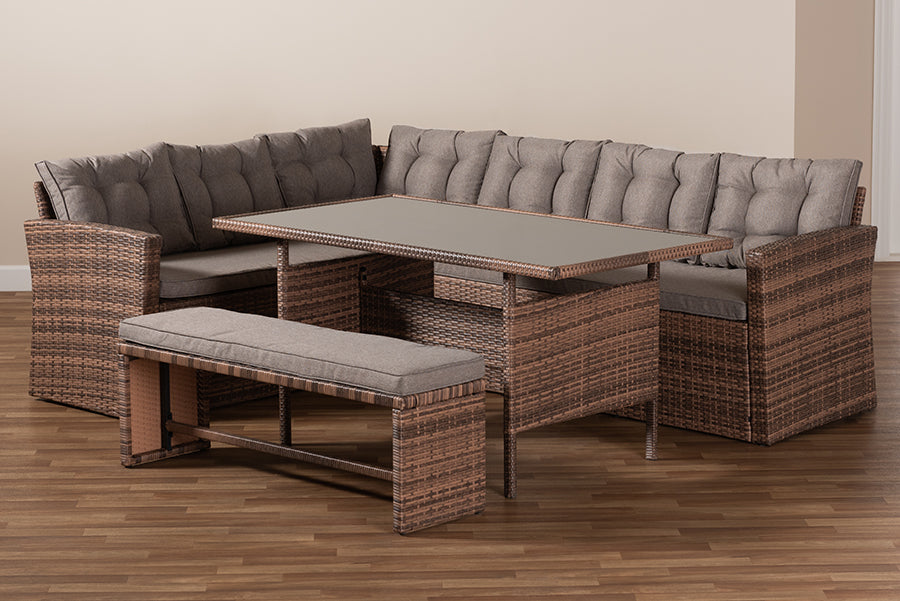 Baxton Studio Angela Modern and Contemporary Grey Fabric Upholstered and Brown Finished 4-Piece Woven Rattan Outdoor Patio Set