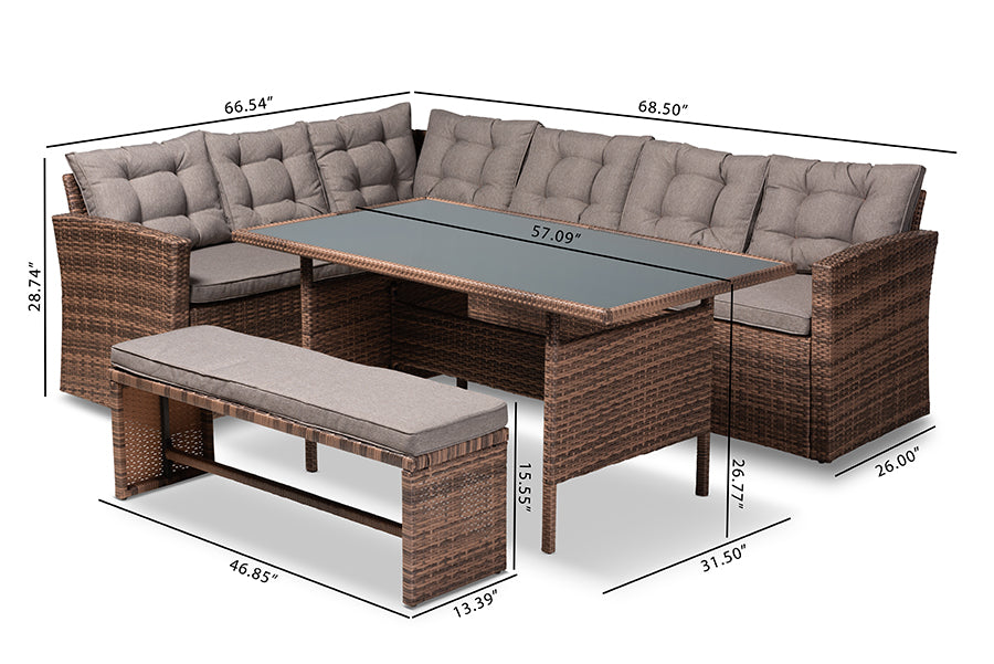 Baxton Studio Angela Modern and Contemporary Grey Fabric Upholstered and Brown Finished 4-Piece Woven Rattan Outdoor Patio Set