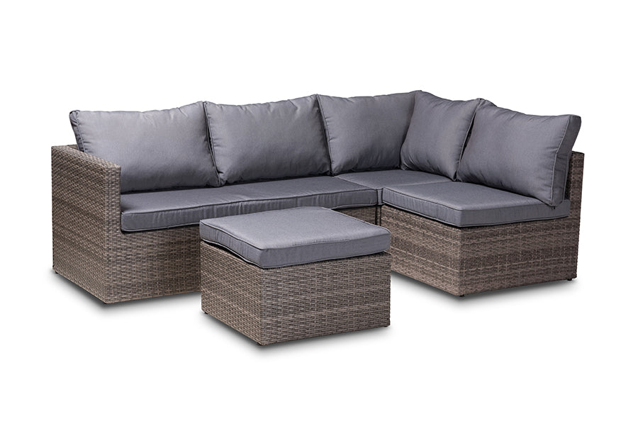 Baxton Studio Pamela Modern and Contemporary Grey Polyester Upholstered and Brown Finished 4-Piece Woven Rattan Outdoor Patio Set
