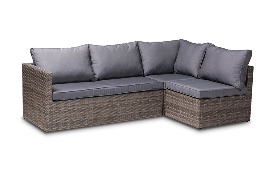 Baxton Studio Pamela Modern and Contemporary Grey Polyester Upholstered and Brown Finished 4-Piece Woven Rattan Outdoor Patio Set