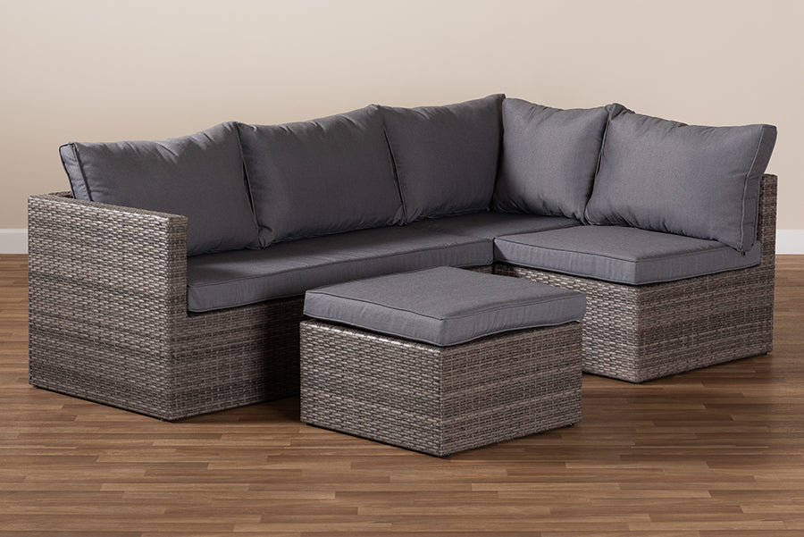 Baxton Studio Pamela Modern and Contemporary Grey Polyester Upholstered and Brown Finished 4-Piece Woven Rattan Outdoor Patio Set