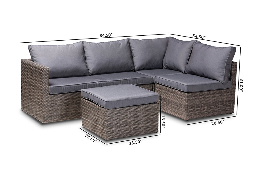 Baxton Studio Pamela Modern and Contemporary Grey Polyester Upholstered and Brown Finished 4-Piece Woven Rattan Outdoor Patio Set