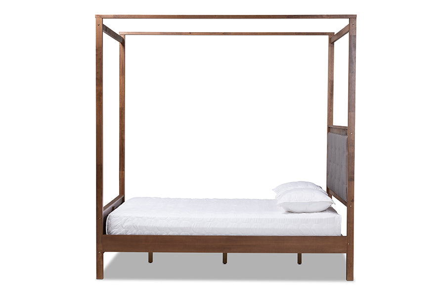 Baxton Studio Natasha Modern and Contemporary Grey Fabric Upholstered and Walnut Brown Finished Wood Queen Size Platform Canopy Bed