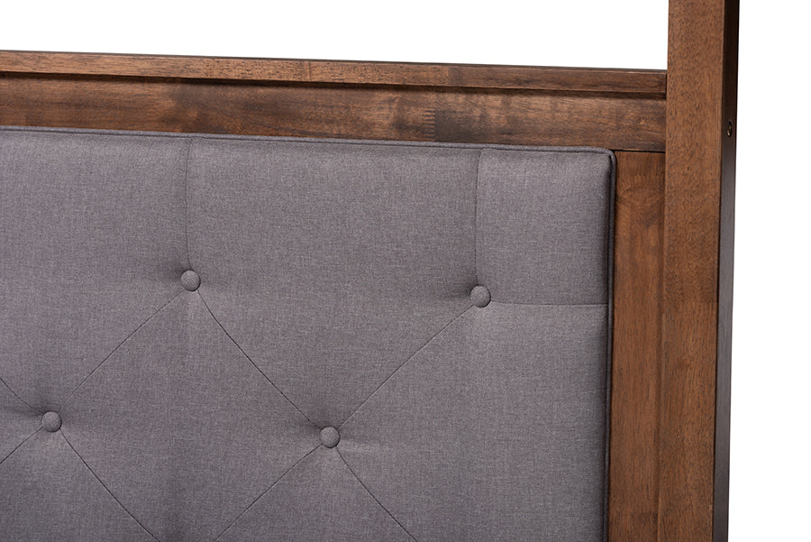 Baxton Studio Natasha Modern and Contemporary Grey Fabric Upholstered and Walnut Brown Finished Wood Queen Size Platform Canopy Bed