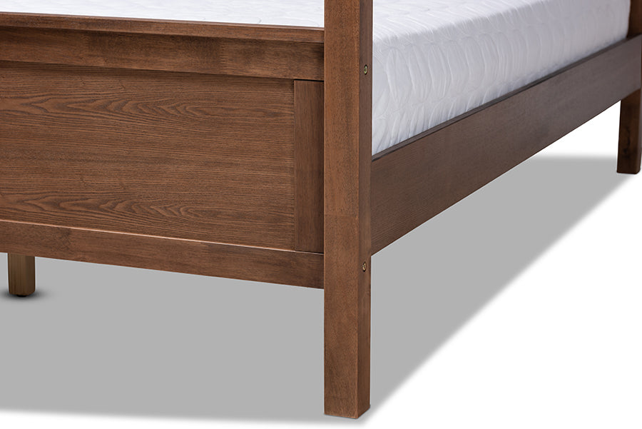 Baxton Studio Natasha Modern and Contemporary Grey Fabric Upholstered and Walnut Brown Finished Wood Queen Size Platform Canopy Bed