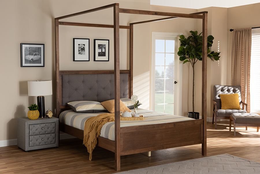 Baxton Studio Natasha Modern and Contemporary Grey Fabric Upholstered and Walnut Brown Finished Wood Queen Size Platform Canopy Bed