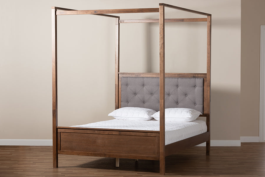 Baxton Studio Natasha Modern and Contemporary Grey Fabric Upholstered and Walnut Brown Finished Wood Queen Size Platform Canopy Bed