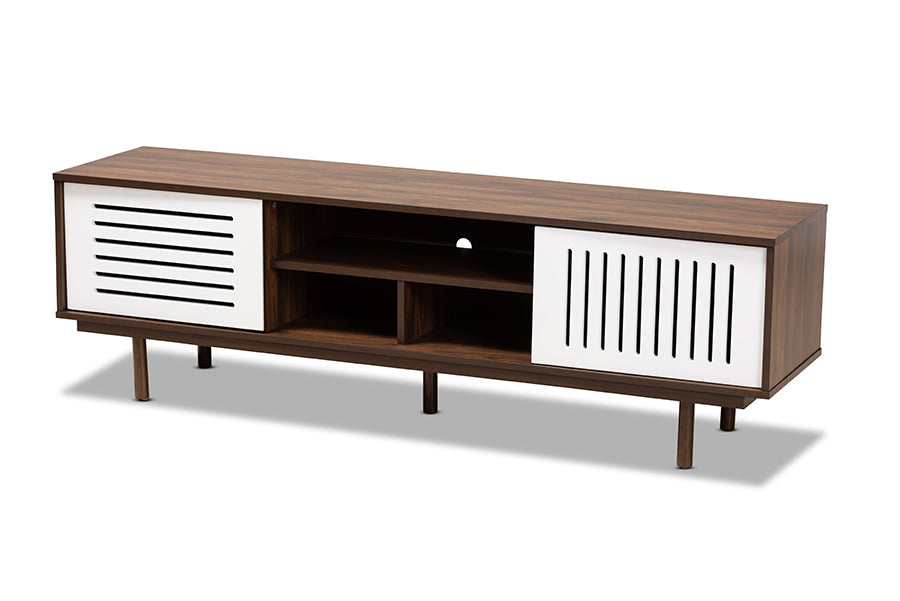 Baxton Studio Meike Mid-Century Modern Two-Tone Walnut Brown and White Finished Wood TV Stand