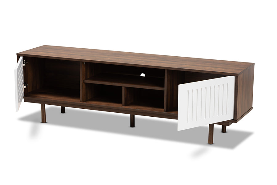Baxton Studio Meike Mid-Century Modern Two-Tone Walnut Brown and White Finished Wood TV Stand