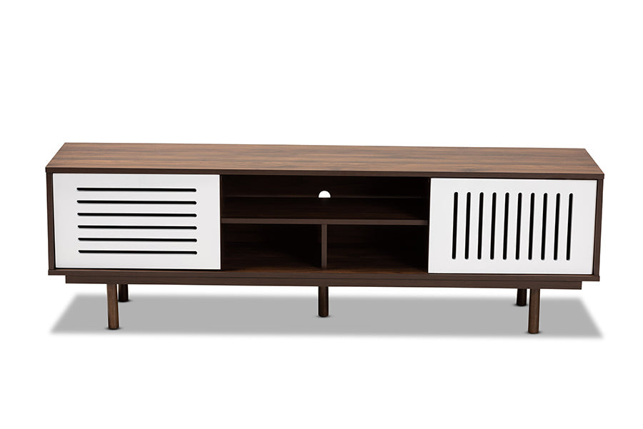 Baxton Studio Meike Mid-Century Modern Two-Tone Walnut Brown and White Finished Wood TV Stand
