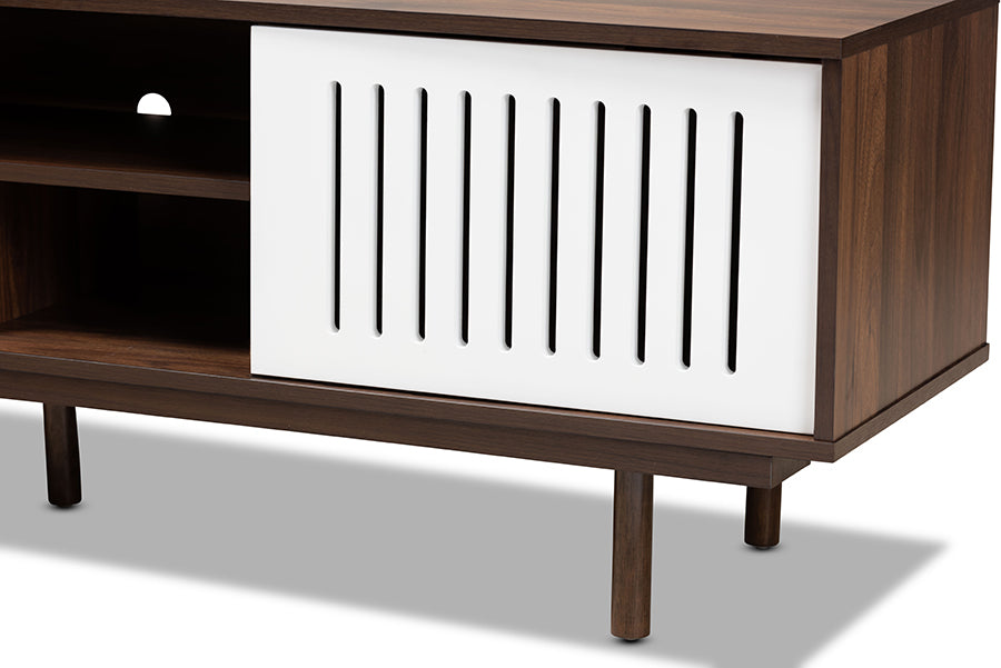 Baxton Studio Meike Mid-Century Modern Two-Tone Walnut Brown and White Finished Wood TV Stand