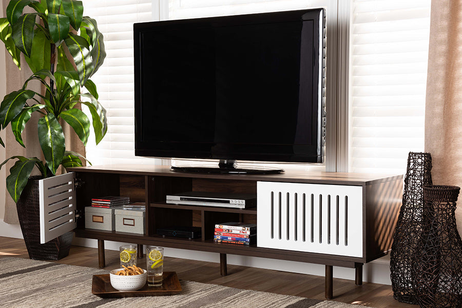 Baxton Studio Meike Mid-Century Modern Two-Tone Walnut Brown and White Finished Wood TV Stand