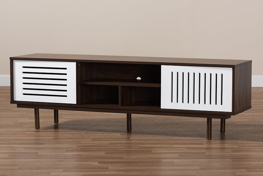 Baxton Studio Meike Mid-Century Modern Two-Tone Walnut Brown and White Finished Wood TV Stand