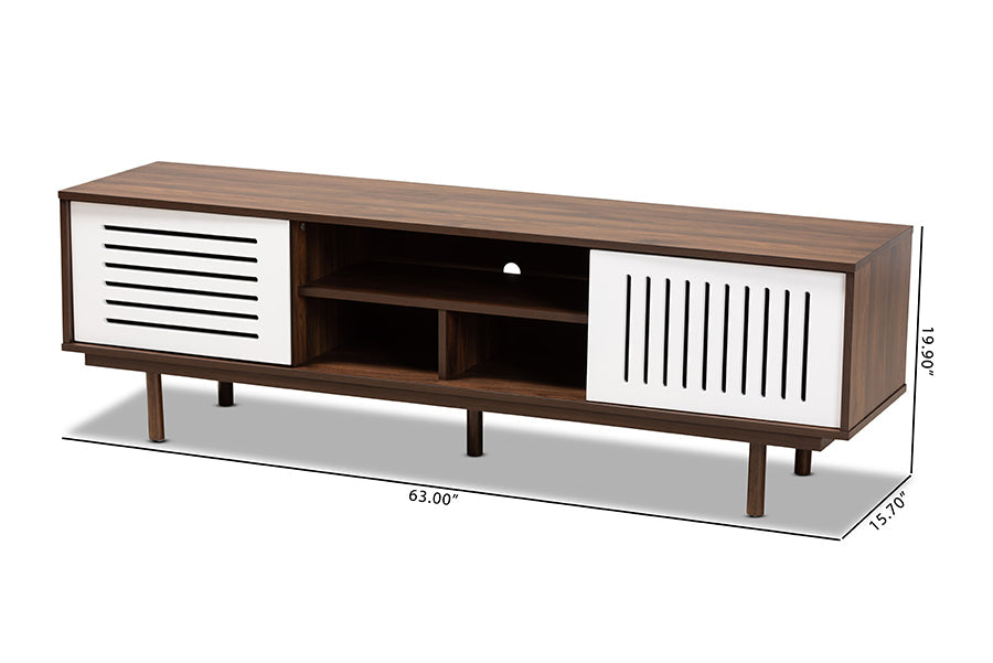 Baxton Studio Meike Mid-Century Modern Two-Tone Walnut Brown and White Finished Wood TV Stand
