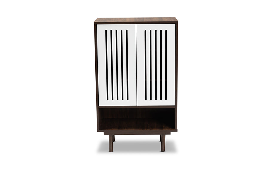 Baxton Studio Meike Mid-Century Modern Two-Tone Walnut Brown and White Finished Wood 2-Door Shoe Cabinet