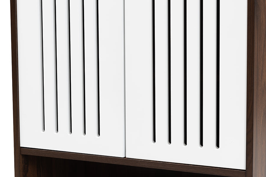 Baxton Studio Meike Mid-Century Modern Two-Tone Walnut Brown and White Finished Wood 2-Door Shoe Cabinet