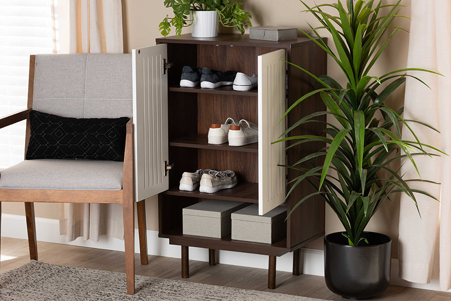 Baxton Studio Meike Mid-Century Modern Two-Tone Walnut Brown and White Finished Wood 2-Door Shoe Cabinet