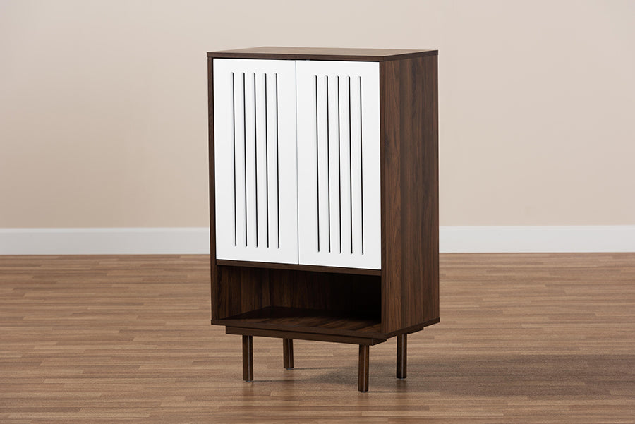 Baxton Studio Meike Mid-Century Modern Two-Tone Walnut Brown and White Finished Wood 2-Door Shoe Cabinet