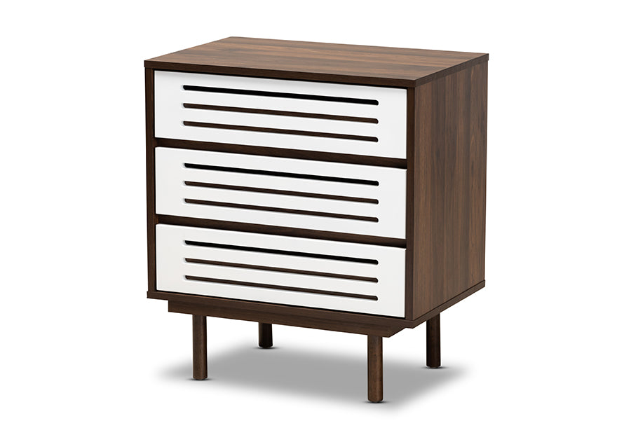 Baxton Studio Meike Mid-Century Modern Two-Tone Walnut Brown and White Finished Wood 3-Drawer Nightstand