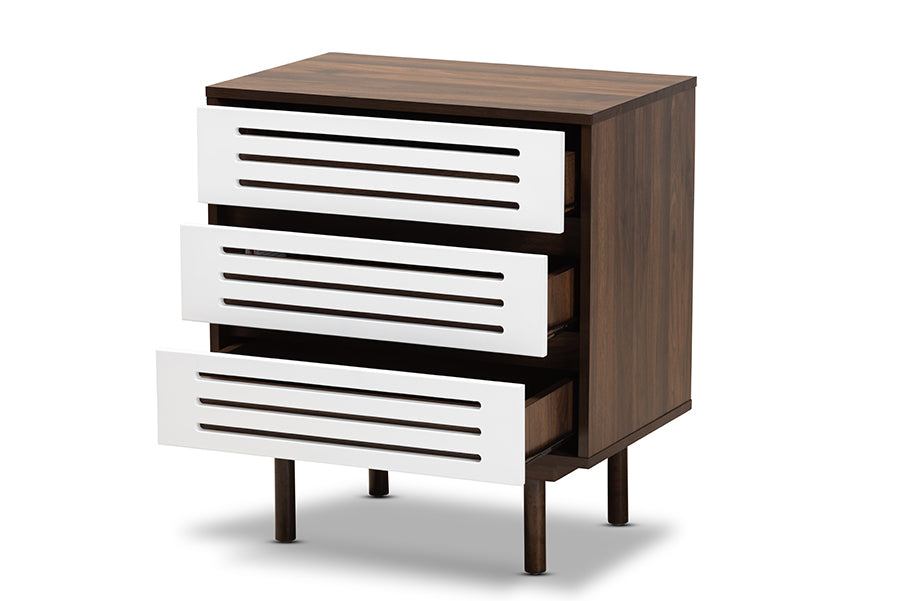 Baxton Studio Meike Mid-Century Modern Two-Tone Walnut Brown and White Finished Wood 3-Drawer Nightstand