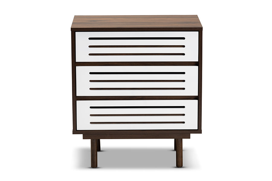 Baxton Studio Meike Mid-Century Modern Two-Tone Walnut Brown and White Finished Wood 3-Drawer Nightstand