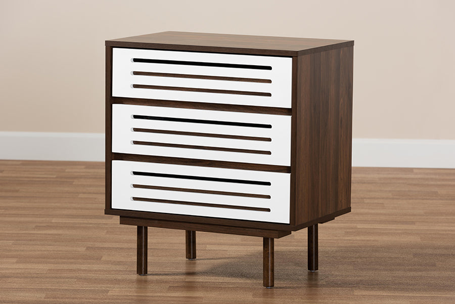 Baxton Studio Meike Mid-Century Modern Two-Tone Walnut Brown and White Finished Wood 3-Drawer Nightstand