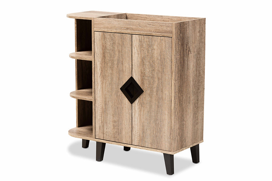 Baxton Studio Wales Modern and Contemporary Rustic Oak Finished Wood 2-Door Shoe Storage Cabinet with Open Shelves