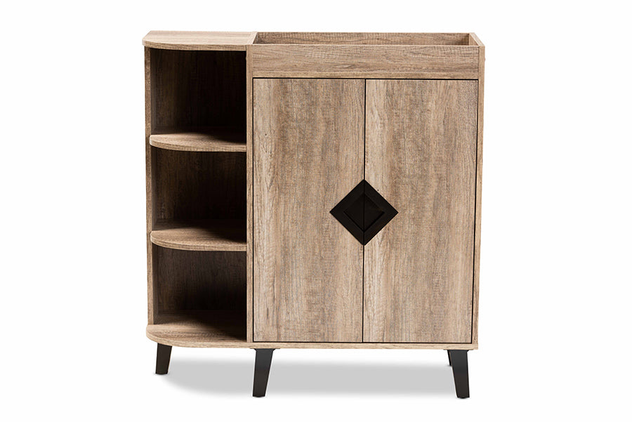 Baxton Studio Wales Modern and Contemporary Rustic Oak Finished Wood 2-Door Shoe Storage Cabinet with Open Shelves