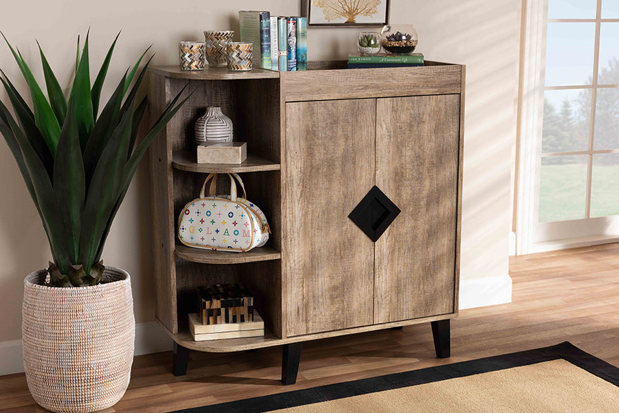 Baxton Studio Wales Modern and Contemporary Rustic Oak Finished Wood 2-Door Shoe Storage Cabinet with Open Shelves