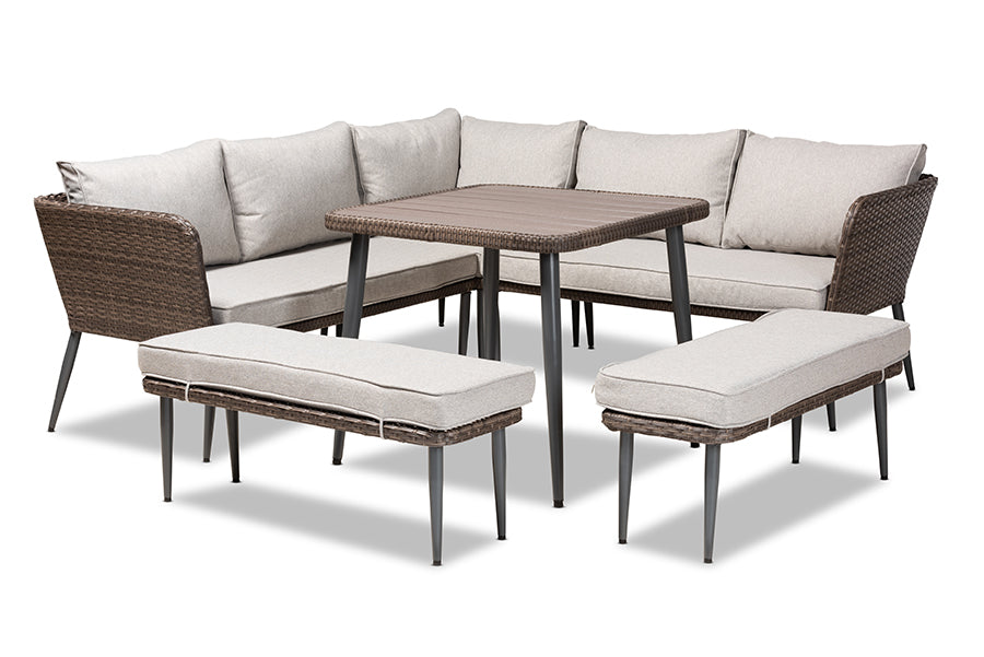 Baxton Studio Lillian Modern and Contemporary Light Grey Upholstered and Brown Finished 5-Piece Woven Rattan Outdoor Patio Set