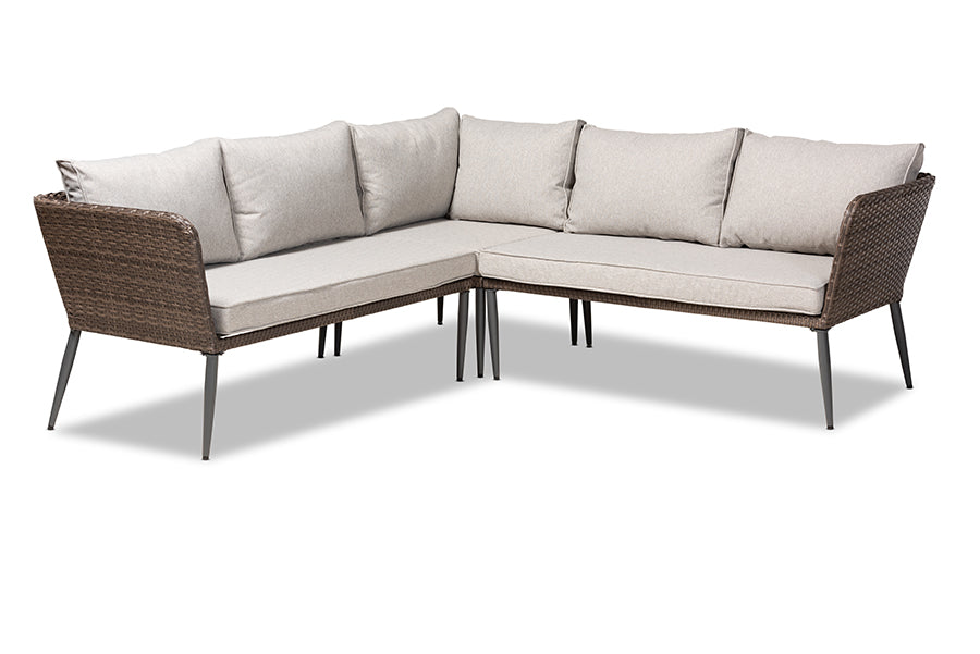 Baxton Studio Lillian Modern and Contemporary Light Grey Upholstered and Brown Finished 5-Piece Woven Rattan Outdoor Patio Set