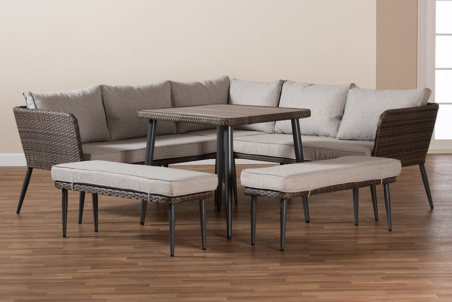 Baxton Studio Lillian Modern and Contemporary Light Grey Upholstered and Brown Finished 5-Piece Woven Rattan Outdoor Patio Set