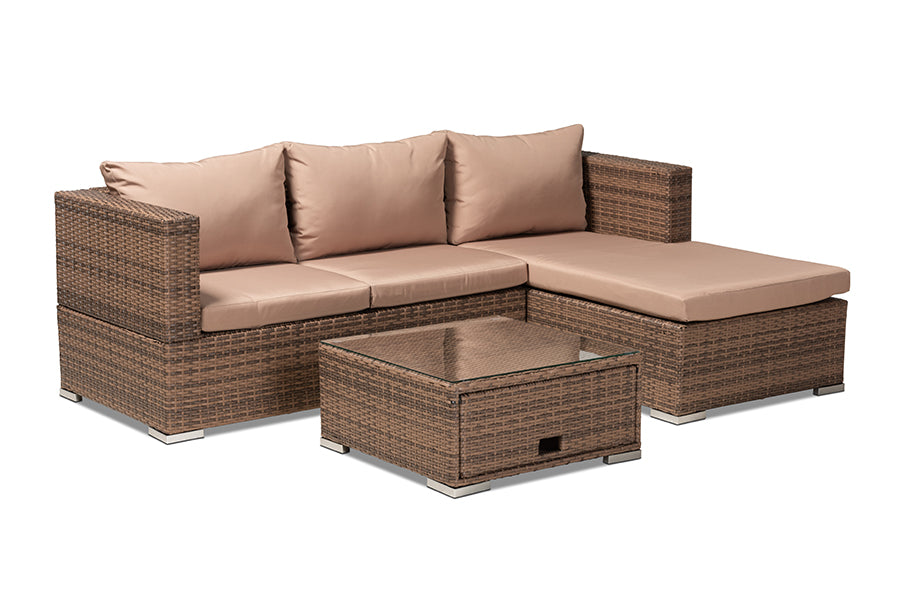 Baxton Studio Addison Modern and Contemporary Light Brown Upholstered and Brown Finished 3-Piece Woven Rattan Outdoor Patio Set with Adjustable Recliner