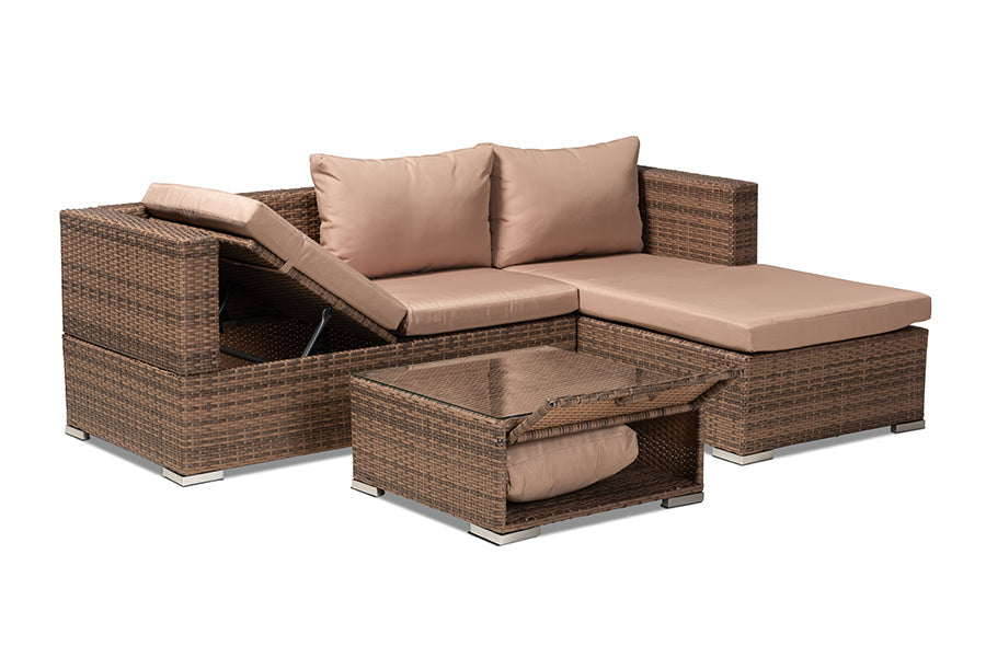 Baxton Studio Addison Modern and Contemporary Light Brown Upholstered and Brown Finished 3-Piece Woven Rattan Outdoor Patio Set with Adjustable Recliner