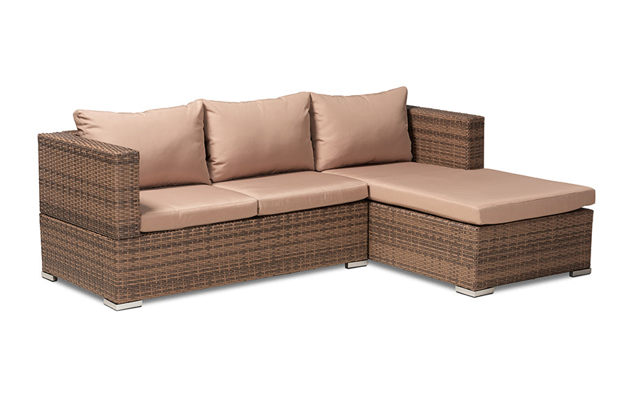 Baxton Studio Addison Modern and Contemporary Light Brown Upholstered and Brown Finished 3-Piece Woven Rattan Outdoor Patio Set with Adjustable Recliner
