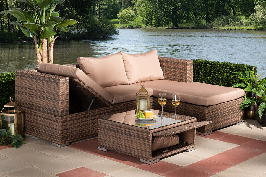 Baxton Studio Addison Modern and Contemporary Light Brown Upholstered and Brown Finished 3-Piece Woven Rattan Outdoor Patio Set with Adjustable Recliner