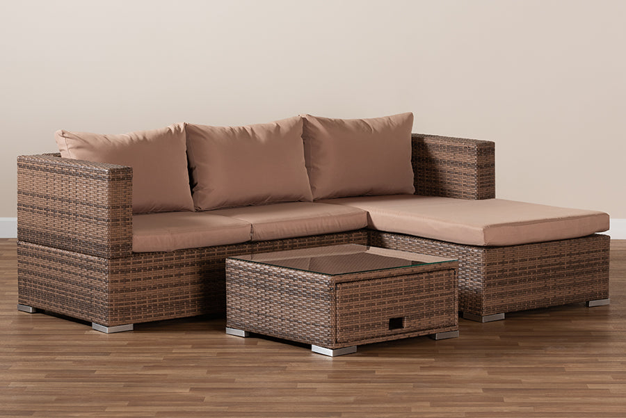 Baxton Studio Addison Modern and Contemporary Light Brown Upholstered and Brown Finished 3-Piece Woven Rattan Outdoor Patio Set with Adjustable Recliner