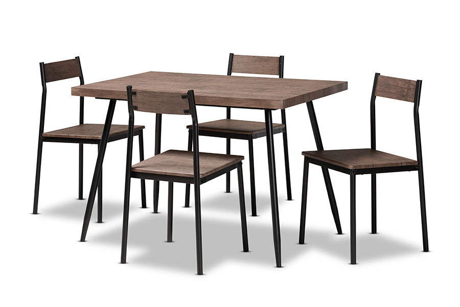Baxton Studio Mave Modern and Contemporary Walnut Finished Wood and Black Metal 5-Piece Dining Set