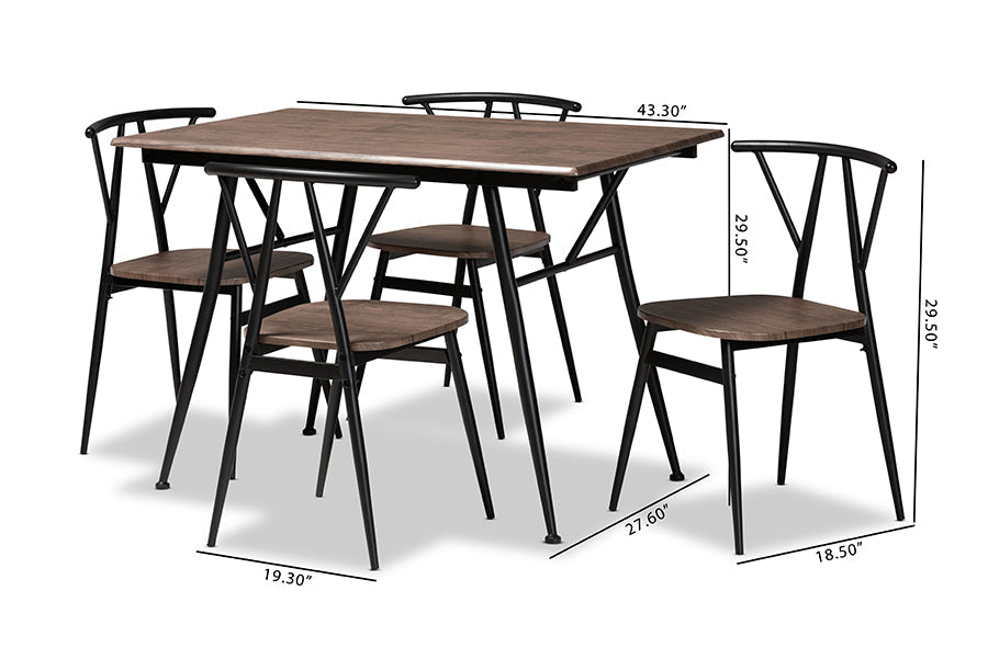 Baxton Studio Ciara Modern and Contemporary Walnut Finished Wood and Black Metal 5-Piece Dining Set