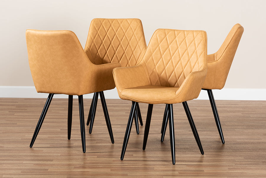 Baxton Studio Astrid Mid-Century Contemporary Tan Faux Leather Upholstered and Black Metal 4-Piece Dining Chair Set