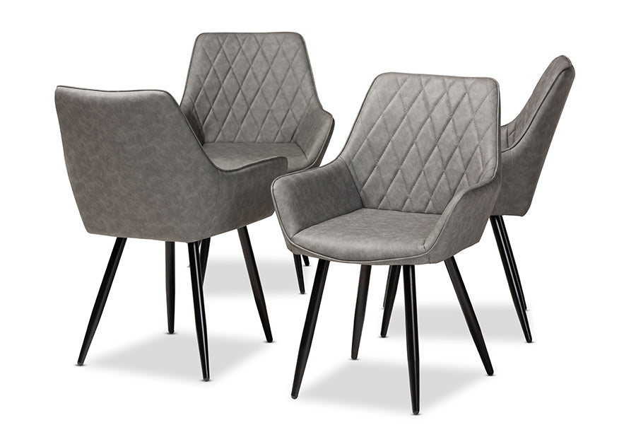 Baxton Studio Astrid Mid-Century Contemporary Grey Faux Leather Upholstered and Black Metal 4-Piece Dining Chair Set